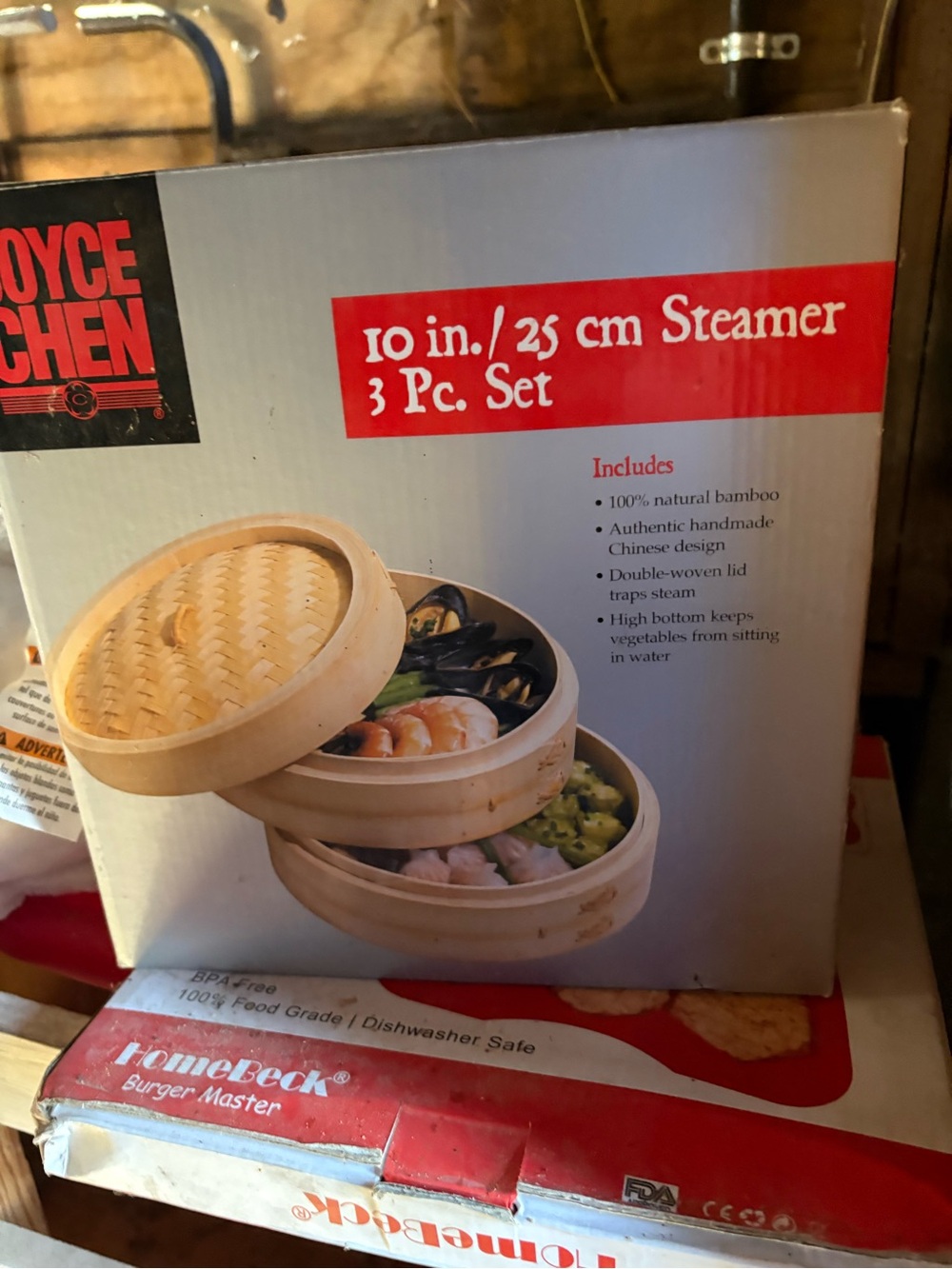 10 in. Bamboo Steamer 3-Pc Set - Natural Bamboo